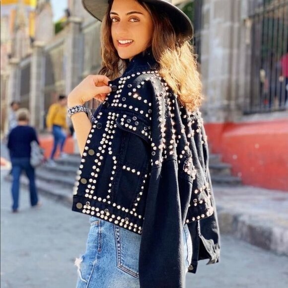 Hand Beaded Denim Over The Shoulder Rivet Studded Blue Denim Jacket One Size - Picture 8 of 10